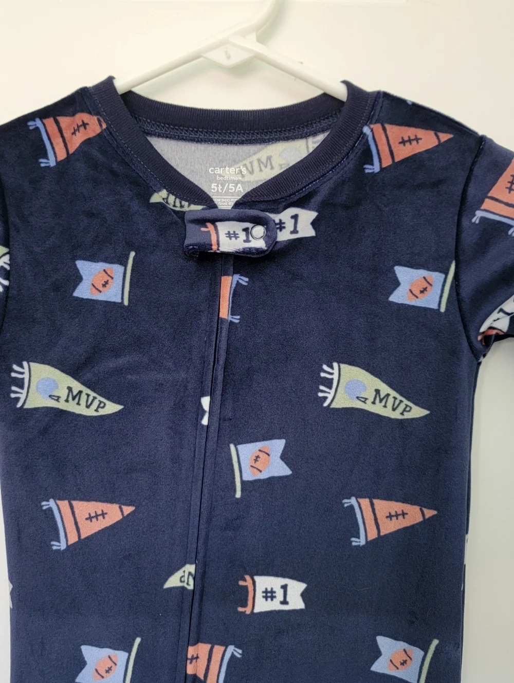 NWT Carter's Bedtime Velour One Piece Footed Pajamas Full Zip Football MVP 5T